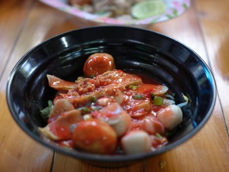 Yentafo Noodles Red Sauce Noodle Soup, Thailand Street Food