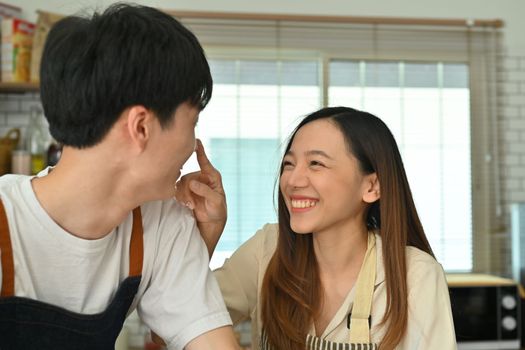 Cheerful young couple wearing aprons enjoying in cozy modern kitchen at home. Love, relationship, people and family.