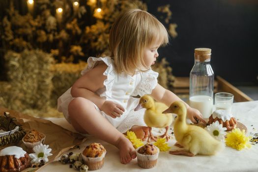 A little girl is sitting on the Easter table and playing with cute fluffy ducklings. The concept of celebrating happy Easter