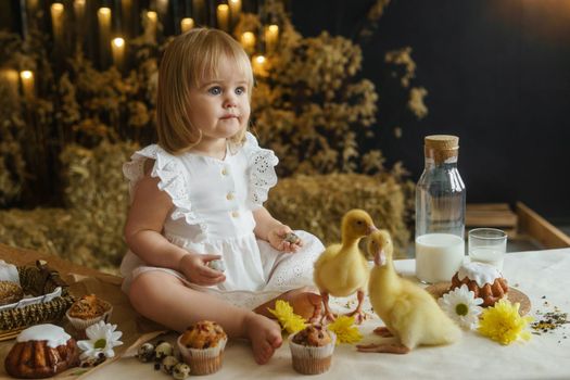 A little girl is sitting on the Easter table and playing with cute fluffy ducklings. The concept of celebrating happy Easter