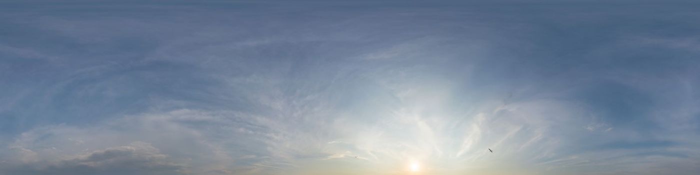 Dark blue sunset sky panorama with pink Cirrus clouds. Seamless hdr 360 pano in spherical equirectangular format. Full zenith for 3D visualization, game, sky replacement for aerial drone panoramas