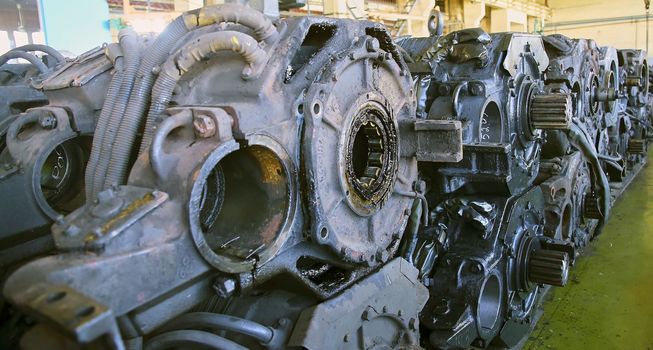 Diesel engine overhaul at the depot. Engine inspection, repair shop, engine disassembly.