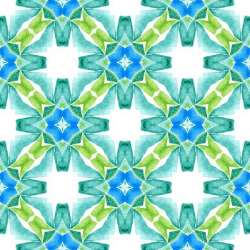 Textile ready fair print, swimwear fabric, wallpaper, wrapping. Green vibrant boho chic summer design. Ethnic hand painted pattern. Watercolor summer ethnic border pattern.