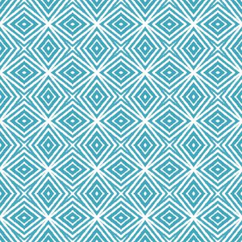 Striped hand drawn pattern. Turquoise symmetrical kaleidoscope background. Textile ready bold print, swimwear fabric, wallpaper, wrapping. Repeating striped hand drawn tile.