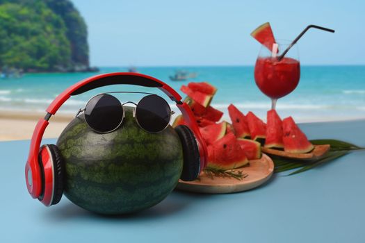 Whole watermelon and watermelon smoothie on table with beautiful summer beach in background.