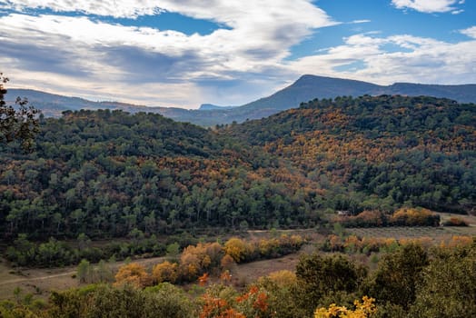View of the mountains and hills in the Var department in France, in late fall. The leaves of the trees are turning yellow and red