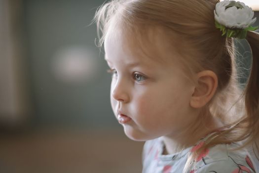 Portrait of a lovely little girl at home. Attractive lovely sweet curious cheerful smart toddler girl.