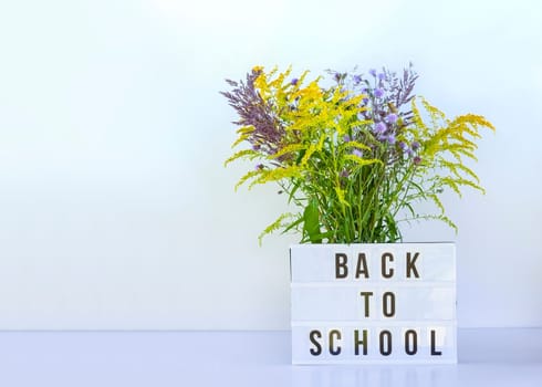 Back to school background. Words on the white lightbox and bouquet of flowers.