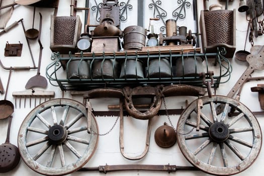 Traditional blacksmiths instruments. Concept of working in the workshop. Close up details of tools that were used to work with iron