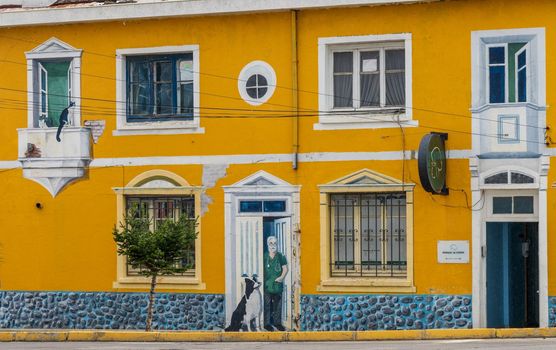 Punta Arenas, Chile - 27 January 2023: Wall mural of vet's office on bulding wall by seafront