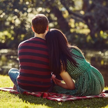 Their first date was in the park. Rearview shot of an affectionate young couple having a romantic picnic in the park