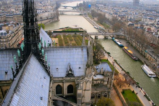 Impressive Notre Dame cathedral in Paris at autumn peaceful sunrise, France