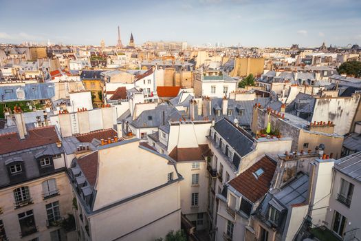 Saint-Germain-des-Pres and french roofs architecture from above at sunrise from quartier latin, Paris, France