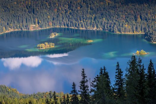 Eibsee lake from above Zugspitze at dramatic autumn landscape, Garmisch, Germany, border with Austria Tyrol
