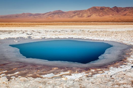 Salt lake reflection and idyllic volcanic landscape at sunrise, Atacama desert, Chile border with Bolivia
