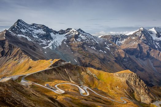 Hohe Tauern mountain range from above dramatic Grossglockner road at sunrise, Austria