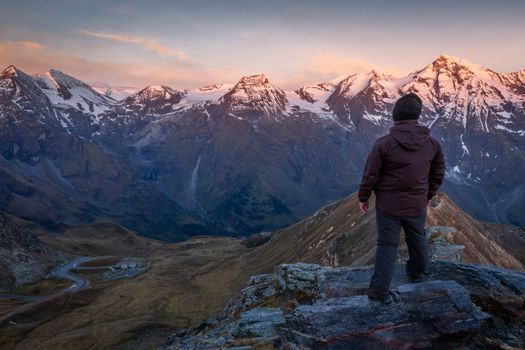 Hohe Tauern mountain range from above dramatic Grossglockner road at sunrise, Austria