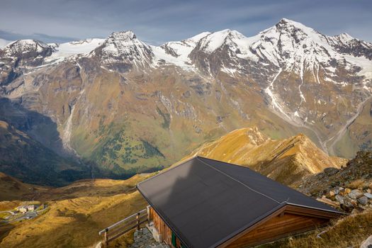 Hohe Tauern mountain range from above dramatic Grossglockner road at sunrise, Austria