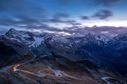 Hohe Tauern mountain range from above dramatic Grossglockner road at sunrise, Austria