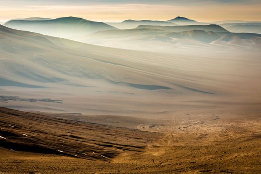 Lascar Volcano in Atacama Desert dramatic volcanic landscape at Sunset, Northern Chile, South America