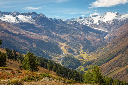 Obergurgl resort village in Otztal alps at springtime, Tyrol, Austria border with Italy
