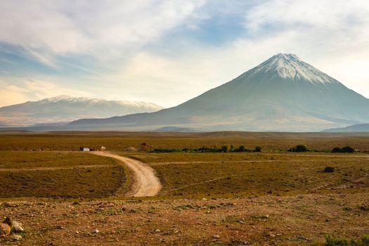 Licancabur and Peaceful dramatic volcanic landscape at Sunset, Atacama Desert, Chile