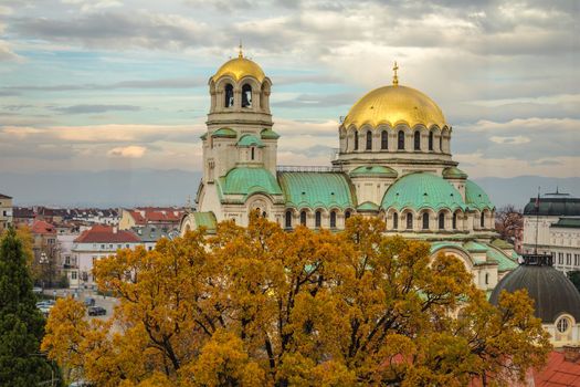 Alexander Nevski cathedral square in Sofia at dramatic autumn sunset, Bulgaria, Eastern Europe