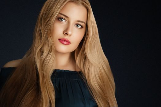 Beauty, makeup and skincare, face portrait of beautiful woman with long hairstyle on black background for luxury cosmetics, wellness or glamour fashion look