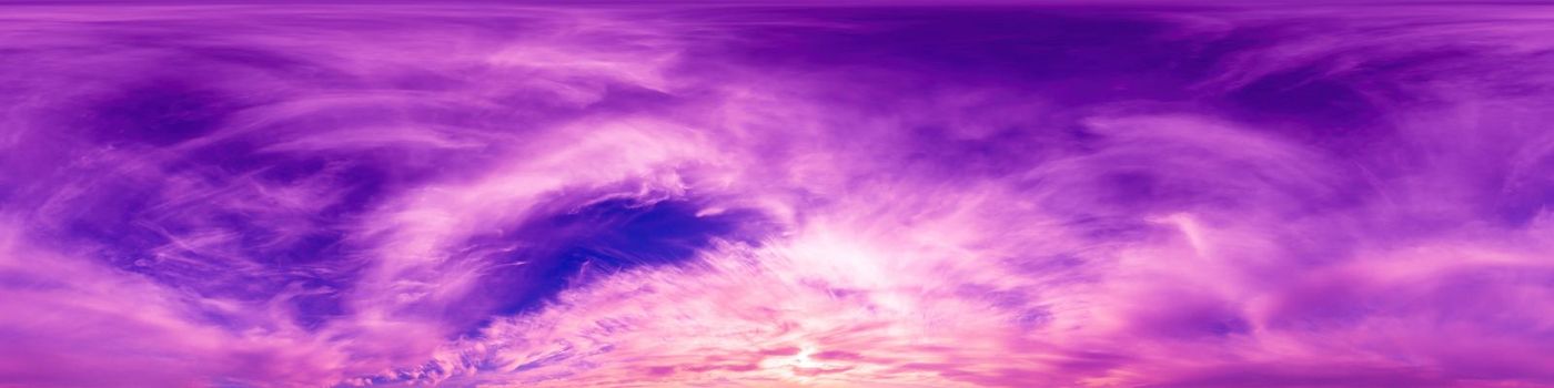 Panorama of a dark blue magenta sunset sky with golden Cumulus clouds. Seamless hdr 360 panorama in spherical equiangular format. Full zenith for 3D visualization, sky replacement for aerial drone panoramas