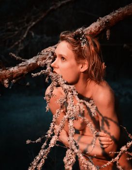 A young nude woman poses in a pine forest among old pines and dry branches, illuminated by the red rays of the setting sun. Nude art image