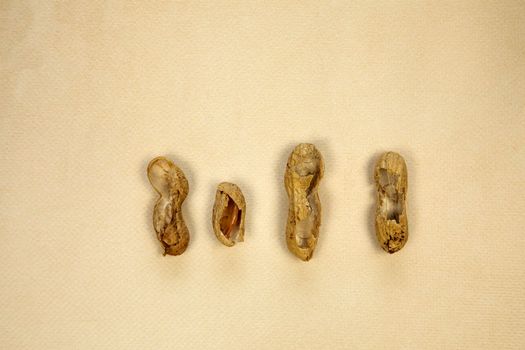 peanut in shell row on orange background top view, peeled nut, eating concept healthy eating