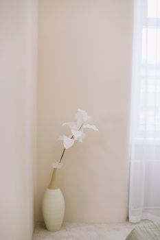 Stylish and cozy interior of the bedroom. Vase with white soft flowers, home decor.