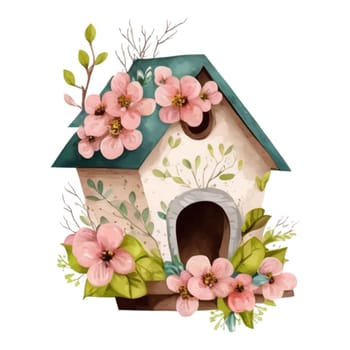 Watercolor Illustration of spring love bird house with cute flowers and leaves