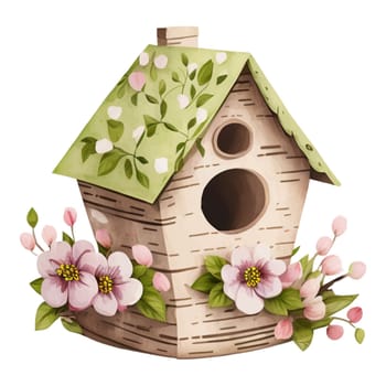 Watercolor Illustration of spring love bird house with cute flowers and leaves