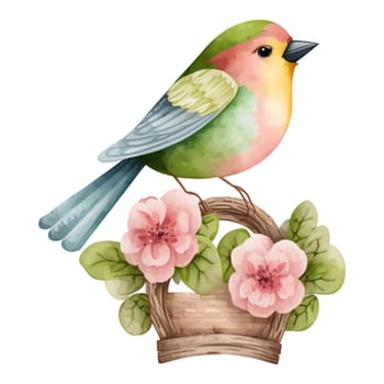 Spring Love Bird Watercolor Illustration with cute flowers basket and leaves 