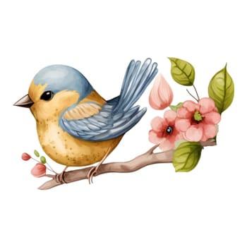 Spring Love Bird Watercolor Illustration. Tree branch with blossom flowers