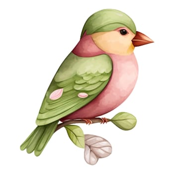 Spring Love Bird Watercolor Illustration. Tree branch with blossom flowers