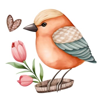 Spring Love Bird Watercolor Illustration. Tree branch with blossom tulip flowers