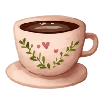 Spring Love Coffee Watercolor Illustration. Brown lovely coffee cup. Hot chocolate.