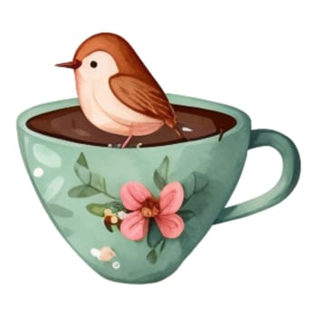 Spring Love Coffee Watercolor Illustration. Green lovely coffee cup with little bird. Hot chocolate.