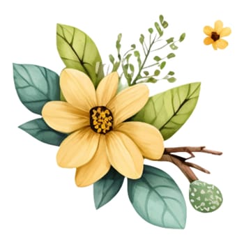 Spring Love Flowers Watercolor Illustration. Lovely Yellow Flowers Spring decoration watercolor design elements.