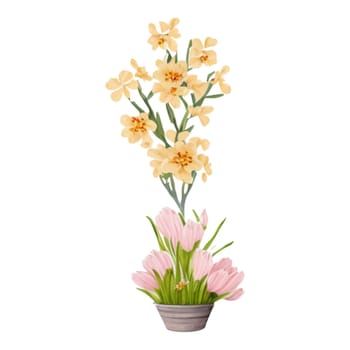 Spring Love Flowers Watercolor Illustration. Lovely Pink Pastel Flowers Spring decoration watercolor design elements.
