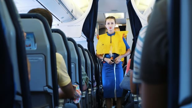 AIRPORT BORYSPIL, UKRAINE - OCTOBER 24, 2018: Ukraine International Airlines. Stewardess in cabin of passenger airplane instructs passengers on safety measures in event of an emergency. High quality photo