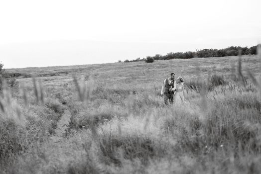 bride blonde girl and groom in a field at sunset light