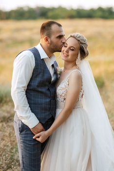 bride blonde girl and groom in a field at sunset light