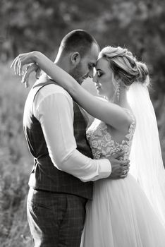 the groom and the bride are walking in the forest on a bright day