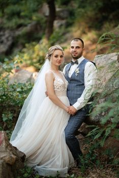 the groom and the bride are walking in the forest on a bright day