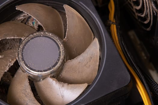 Dust on the fan in the computer close up