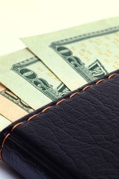 Dollars in wallet isolated on white background close up