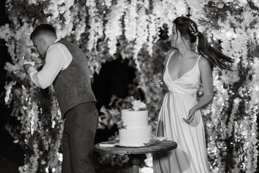 newlyweds happily cut, laugh and taste the wedding cake